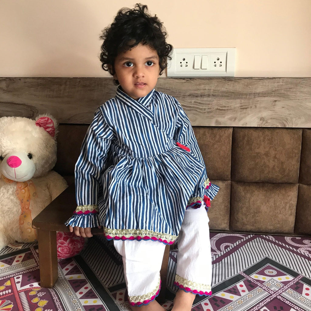 Angrakha style - Pyjama set for girls - Indigo Stripes Joeycare