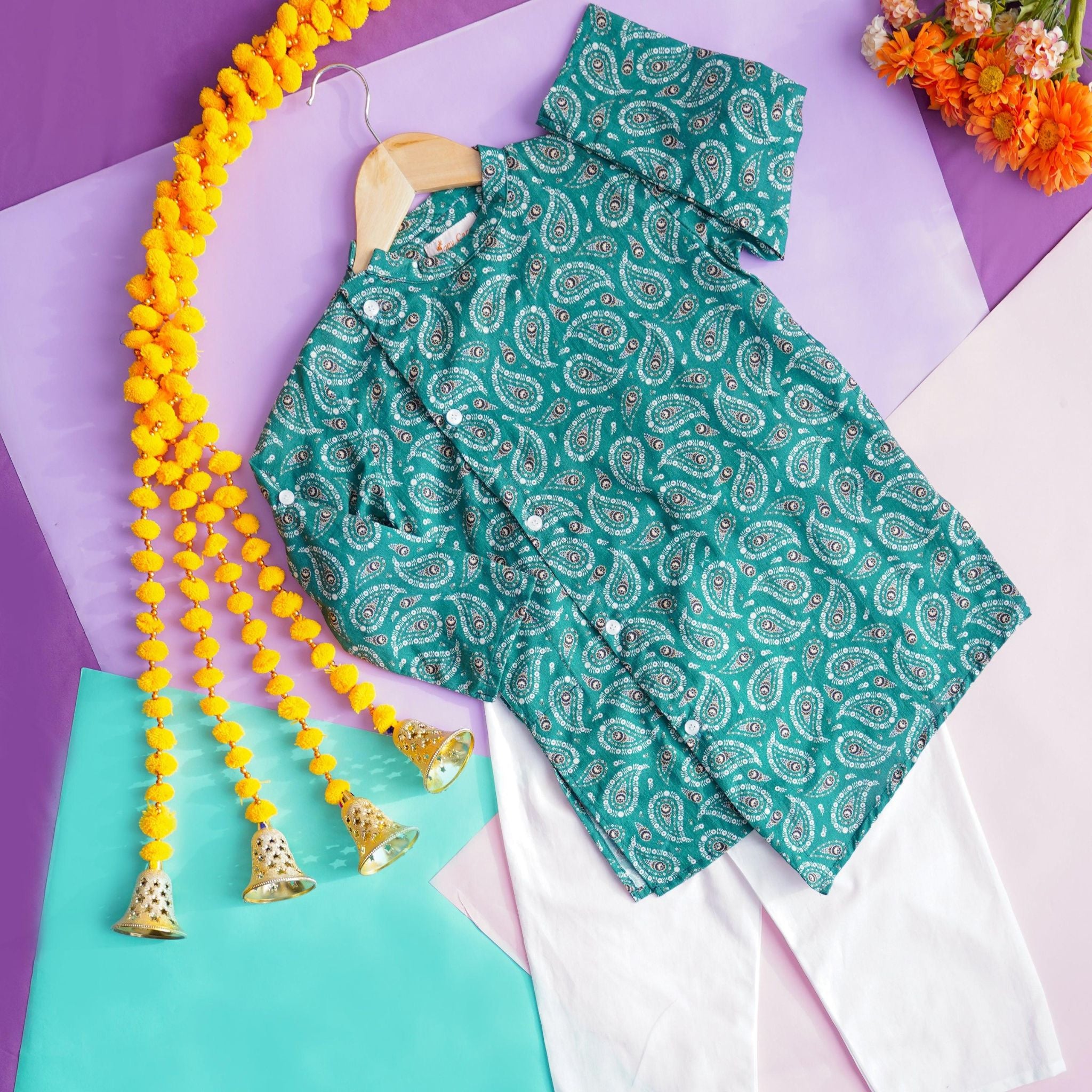 Button Kurta - Green Booti Joeycare