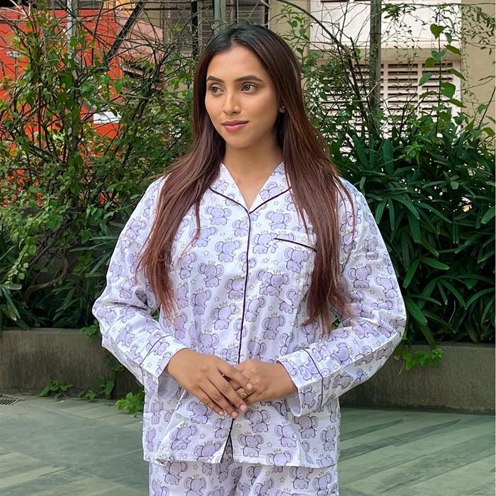 Pajama Set -  Pocket Night Suit for Women - White Grey Elephant
