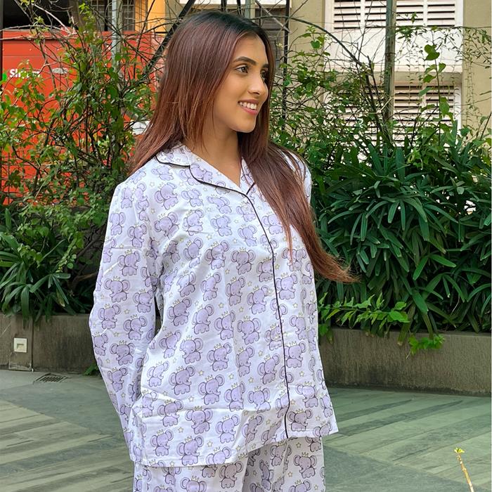 Pajama Set -  Pocket Night Suit for Women - White Grey Elephant