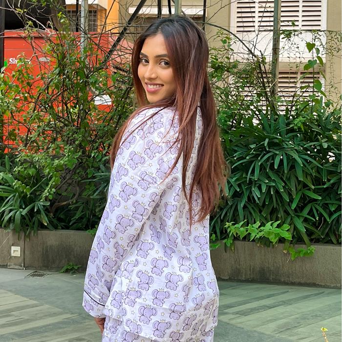 Pajama Set -  Pocket Night Suit for Women - White Grey Elephant