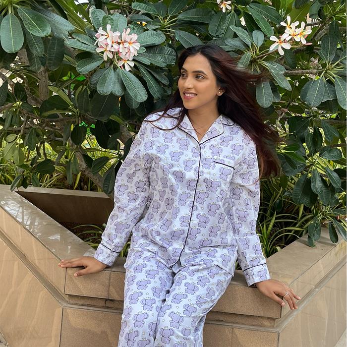 Pajama Set -  Pocket Night Suit for Women - White Grey Elephant