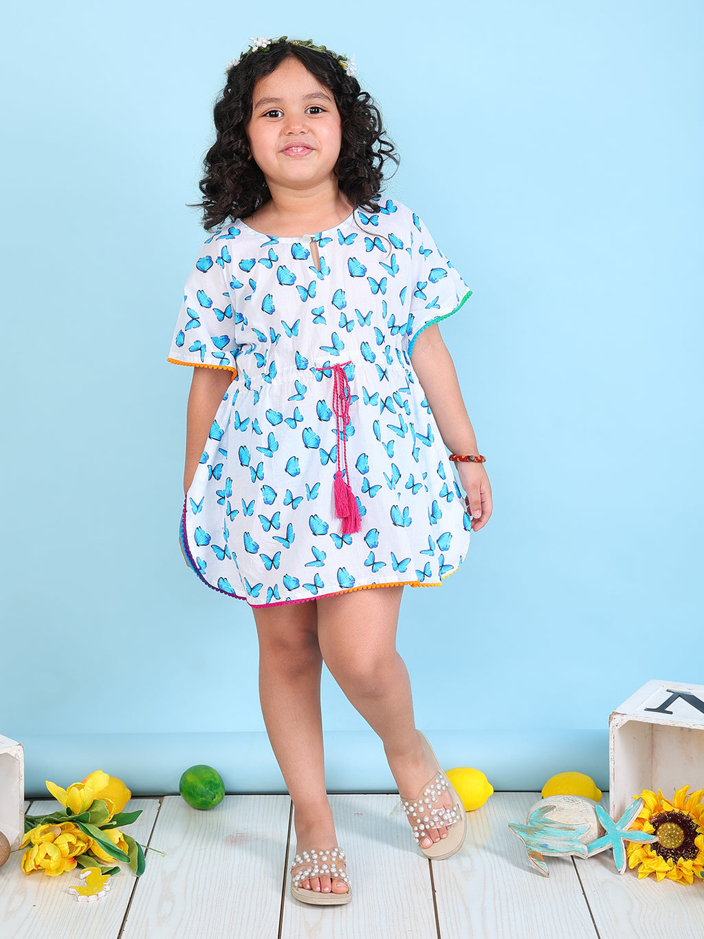 Beach Kaftan for Girls - Blue Butterfly