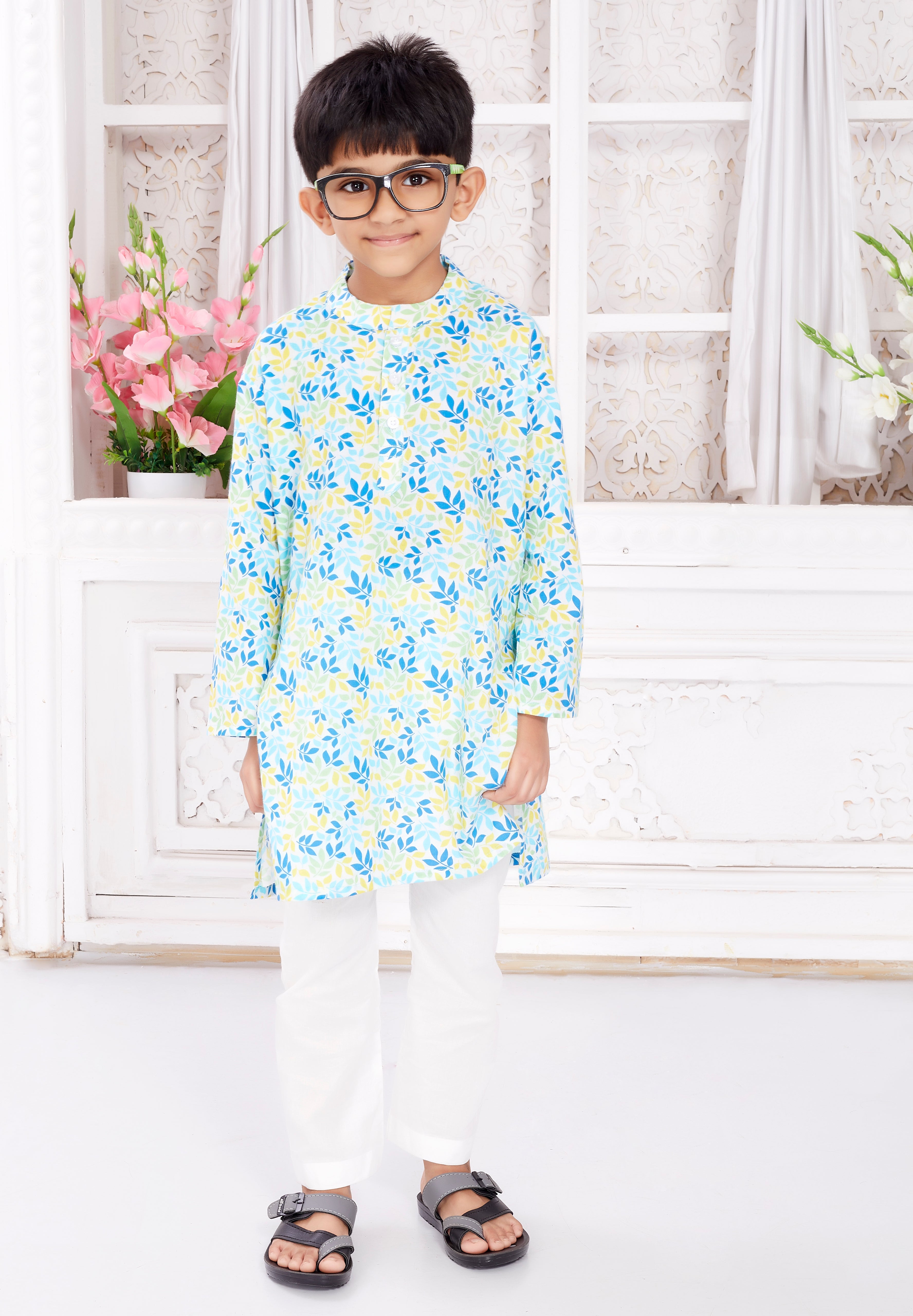 Kurta Pyjama Set for Boys - Pastel Leaves