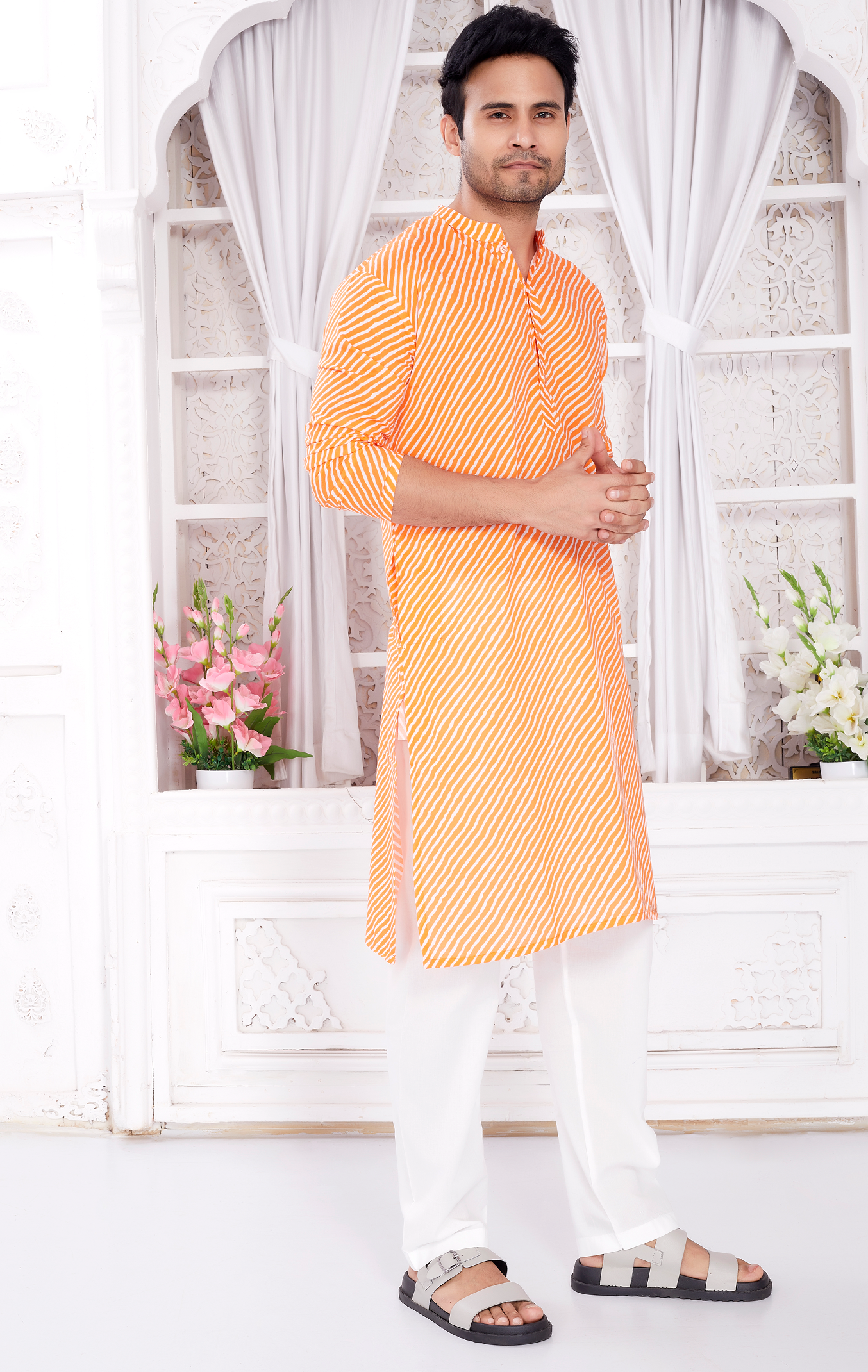 Kurta for Men - Orange Leheriya