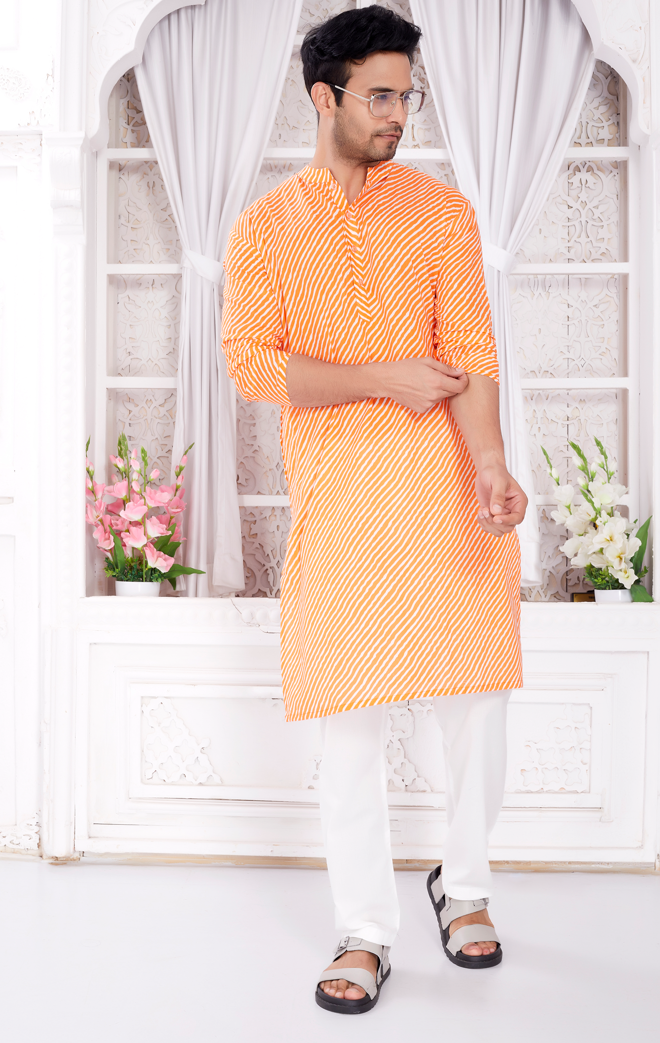 Kurta for Men - Orange Leheriya