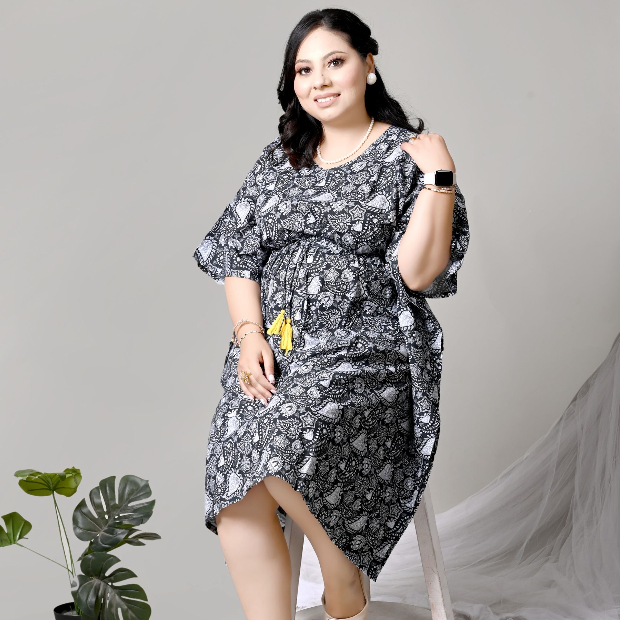 Midi Kaftan for Women - Floral Black Joeycare