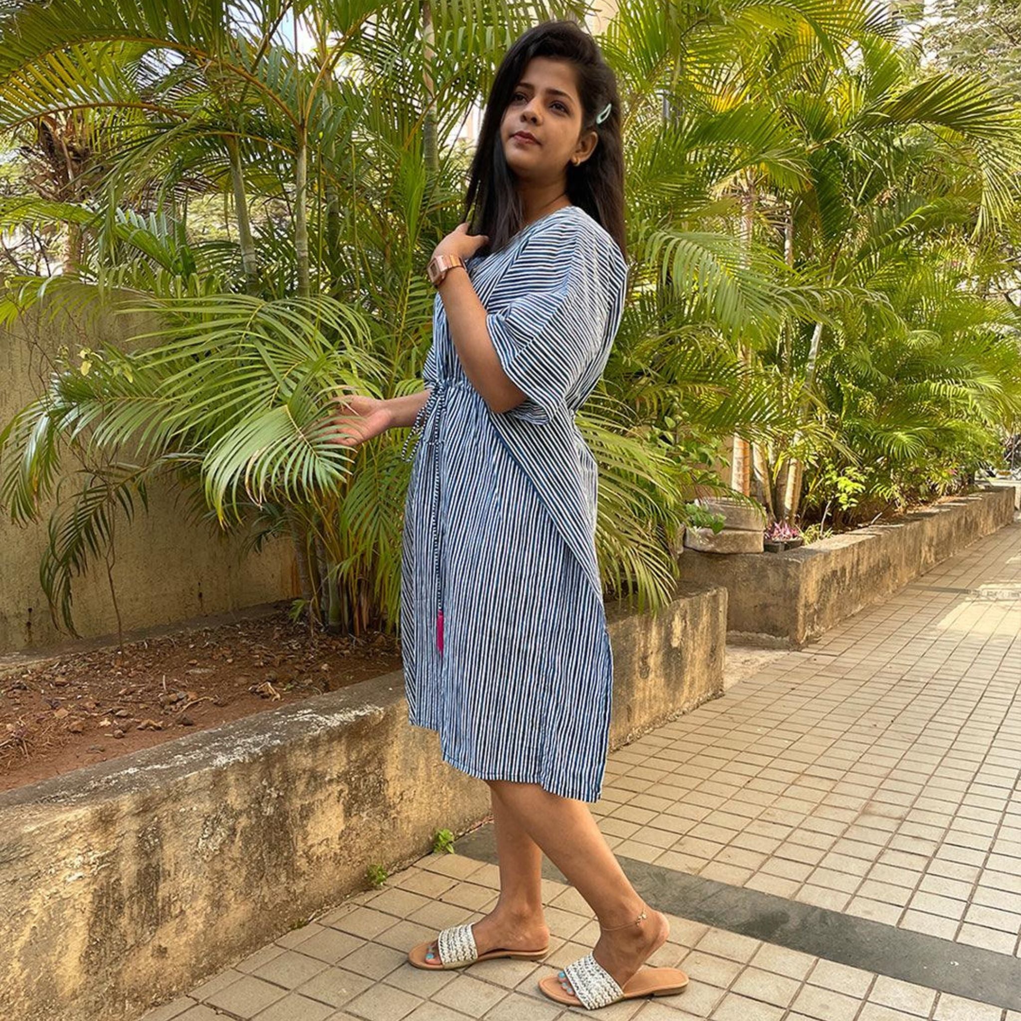 Midi Kaftan for Women - Indigo Stripes Joeycare