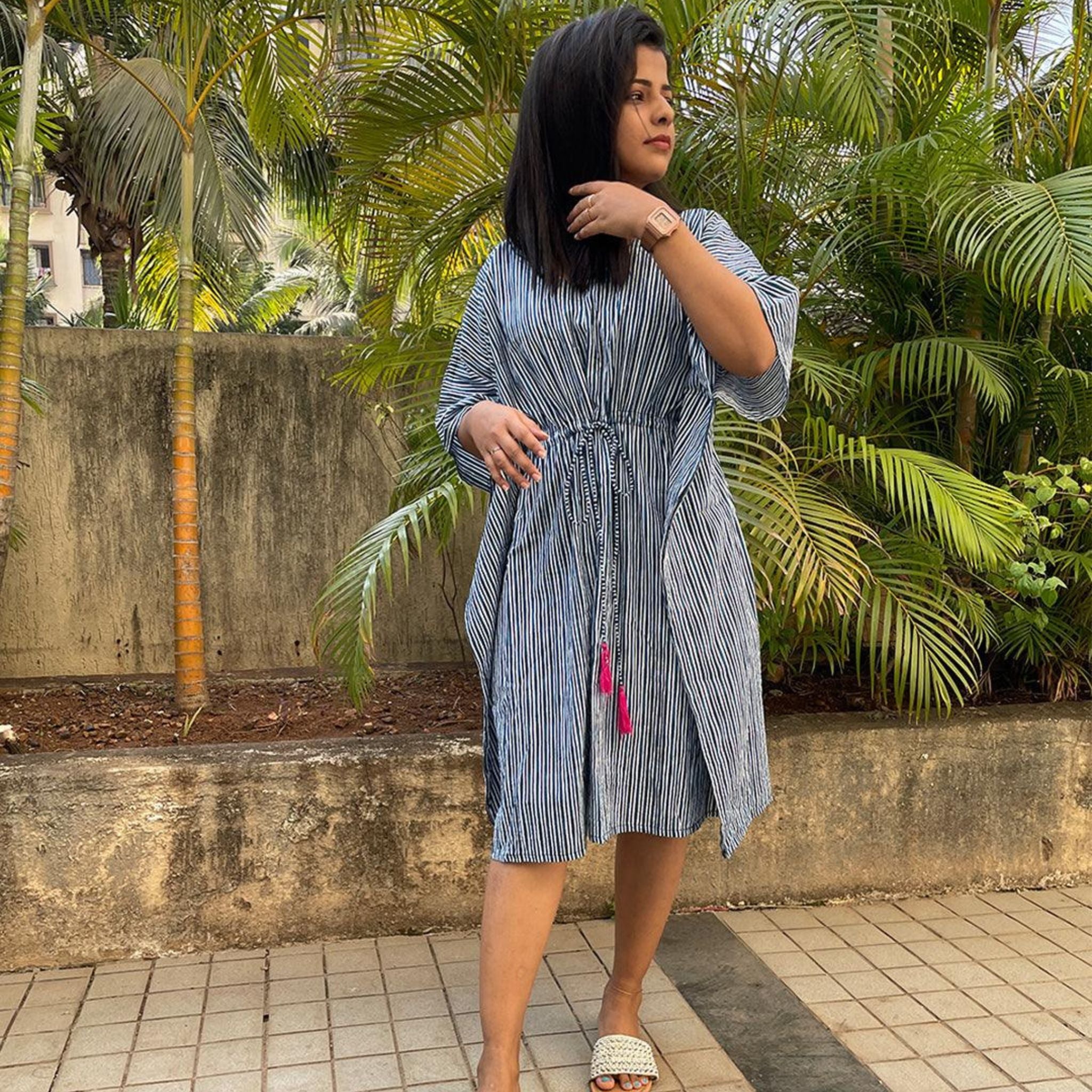 Midi Kaftan for Women - Indigo Stripes Joeycare