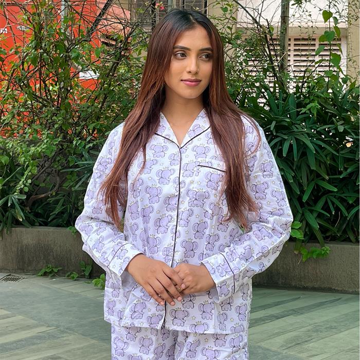 Pajama Set -  Pocket Night Suit for Women - White Grey Elephant
