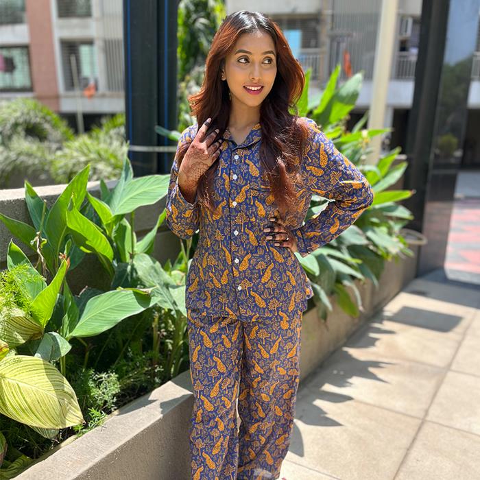 Pajama Set - Pocket Night Suit for Girls- Funky Feathers