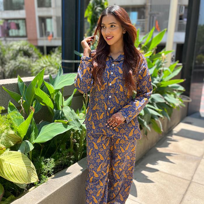 Pajama Set - Pocket Night Suit for Girls- Funky Feathers