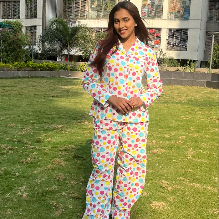 Pajama Set- Pocket Night Suit for Girls- Polka dots