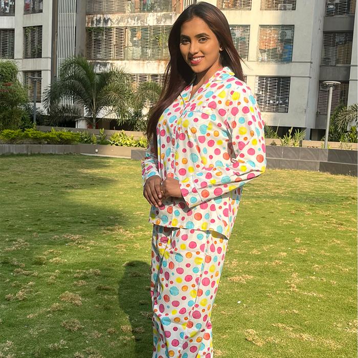 Pajama Set- Pocket Night Suit for Girls- Polka dots