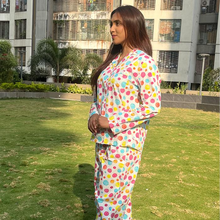 Pajama Set- Pocket Night Suit for Girls- Polka dots
