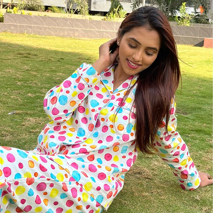 Pajama Set- Pocket Night Suit for Girls- Polka dots