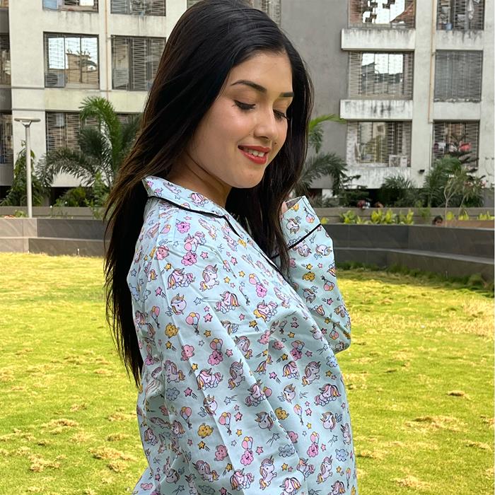 Pajama Set-Pocket Night Suit for Girls- Green Unicorn