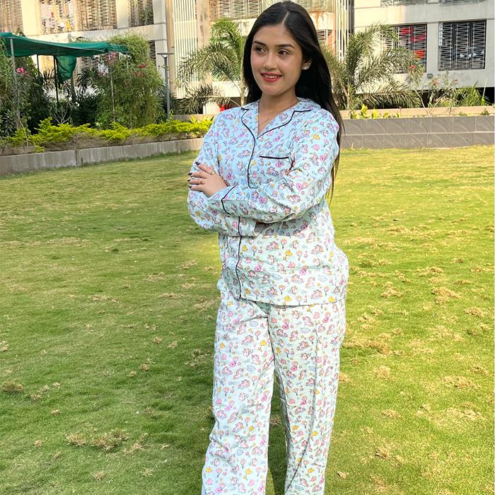 Pajama Set-Pocket Night Suit for Girls- Green Unicorn