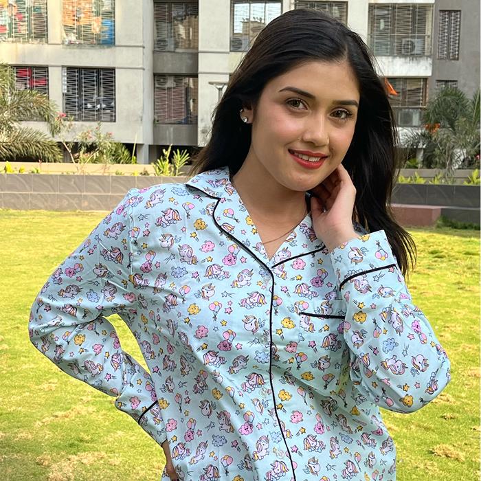 Pajama Set-Pocket Night Suit for Girls- Green Unicorn