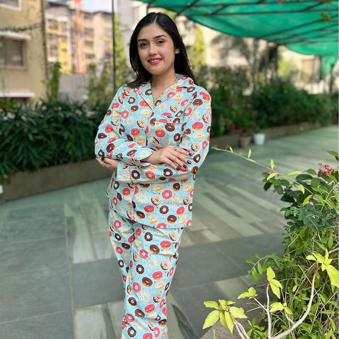 Pajama Set- Pocket Night Suit for Girls- Yummy Donuts