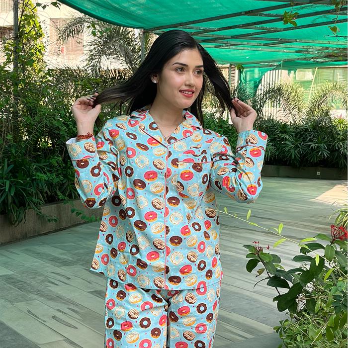 Pajama Set- Pocket Night Suit for Girls- Yummy Donuts