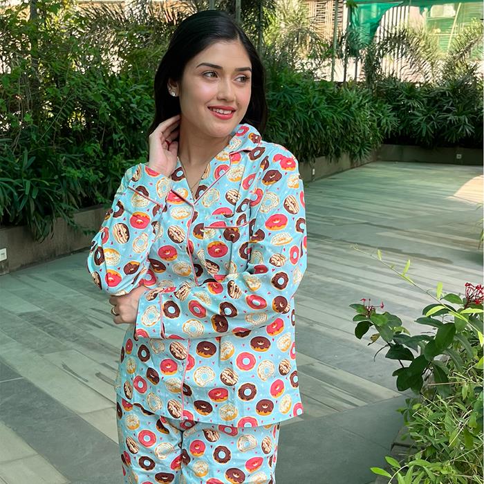 Pajama Set- Pocket Night Suit for Girls- Yummy Donuts